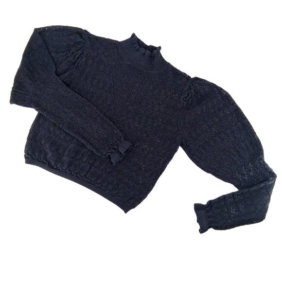 Betsey Johnson VTG Black Open Knit Top Mock Neck Statement Sleeve Victorian 6 M - Picture 2 of 10